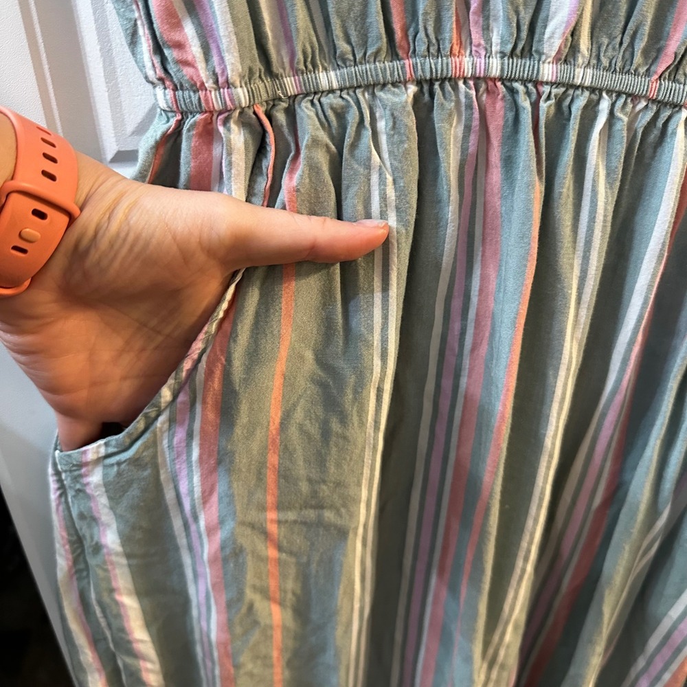 Pink Rose Sleeveless Striped Midi Dress Sage Green elastic Waist Casual Women's - Picture 2 of 5